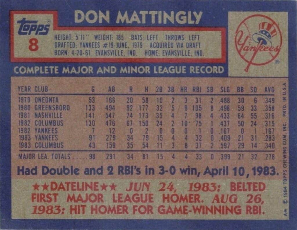 1984 Don Mattingly Back