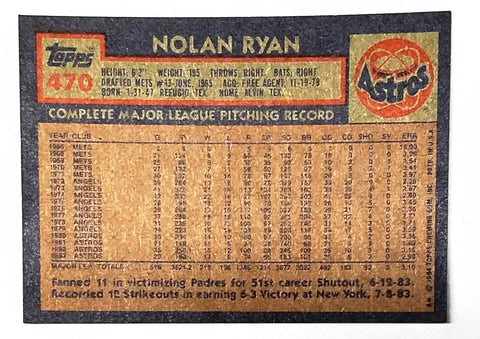 1984 Nolan Ryan Back