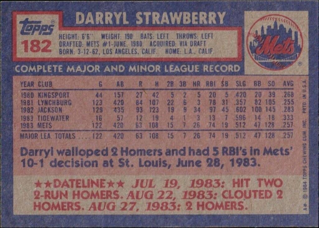 1984 Topps Darryl Strawberry Back