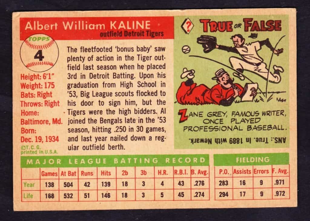 1955 Topps Al Kaline Baseball Card Back