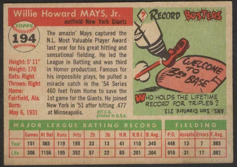 1955 Topps Willie Mays Baseball Card Back