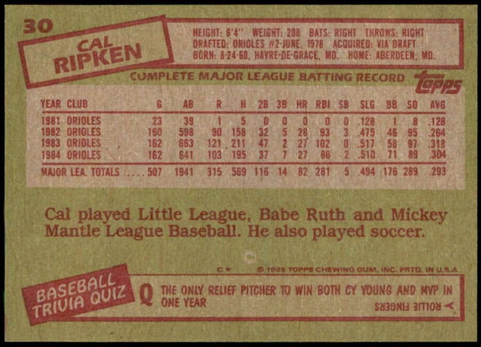 1985 topps cal ripken baseball